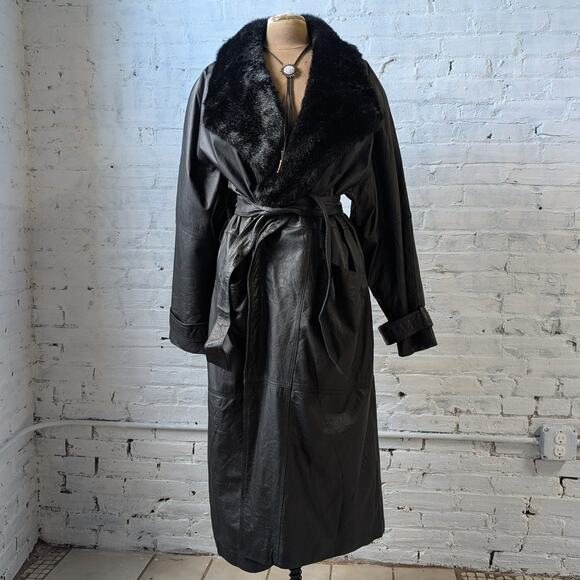 Vintage Jackets & Blazers - Vintage Black Leather Penny Lane Coat Faux Fur Trench Minimalist Goth Jacket